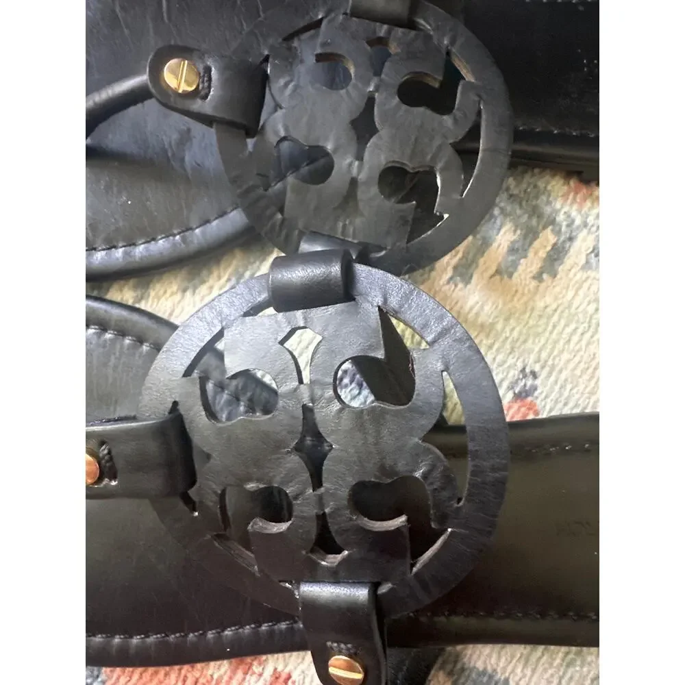 Tory Burch Miller Black Leather Sandals Gold Hardware Women’s Size 9